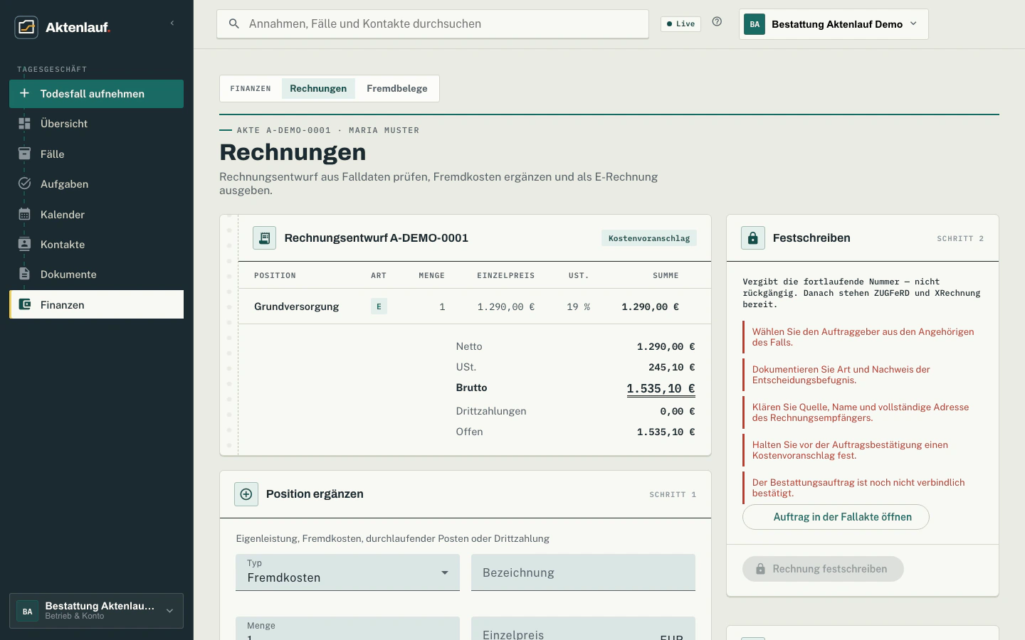 Finanzen: Rechnungsentwurf → E-Rechnung