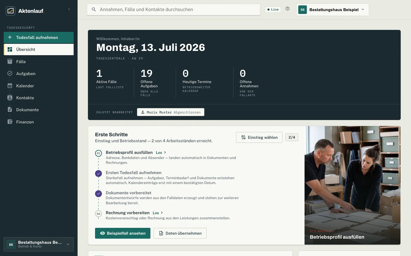 Tageszentrale mit aktivem Sterbefall und offenen Aufgaben