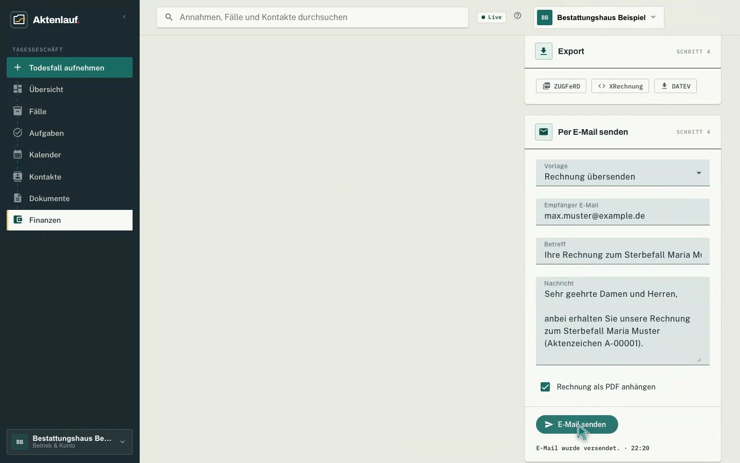 E-Mail-Vorschau und Versandhistorie an der Rechnung